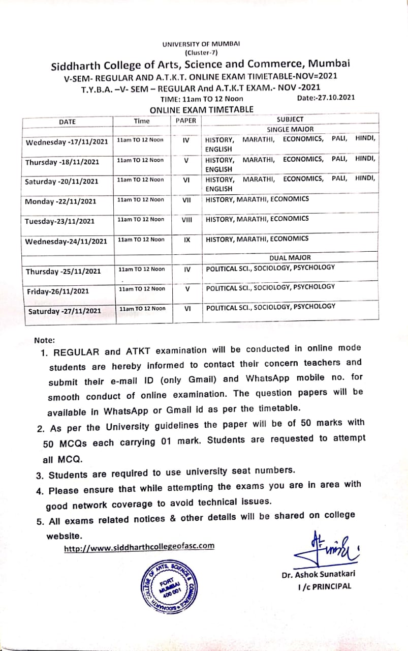 Time Table TYBA Sem5 regular Exam